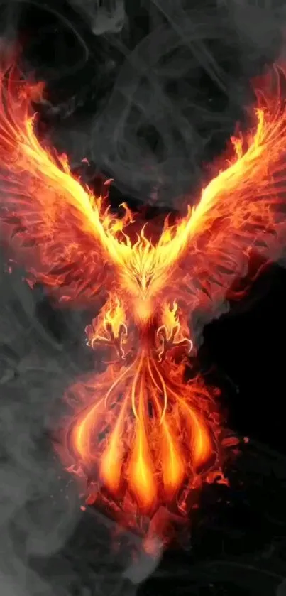 Fiery orange phoenix with dark smoke background, showcasing power and rebirth.