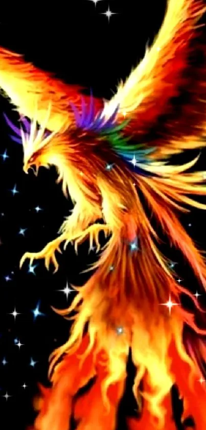 Fiery phoenix wallpaper with vibrant colors and dark background.