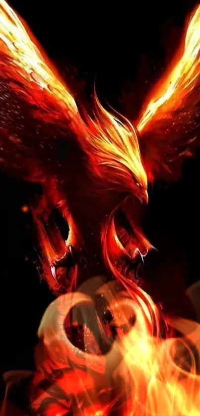 Fiery phoenix with bold red and orange flames on a dark wallpaper background.