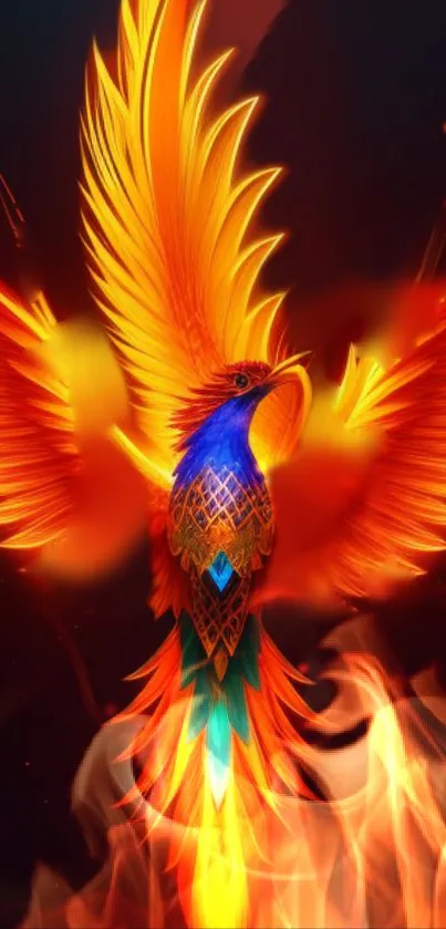 Fiery phoenix with colorful wings in vibrant flames.