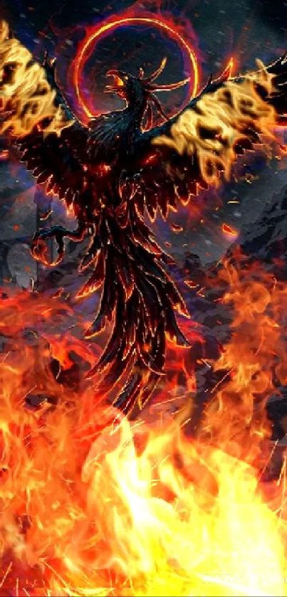 Fiery phoenix rising from flames in a dark, mystical landscape.