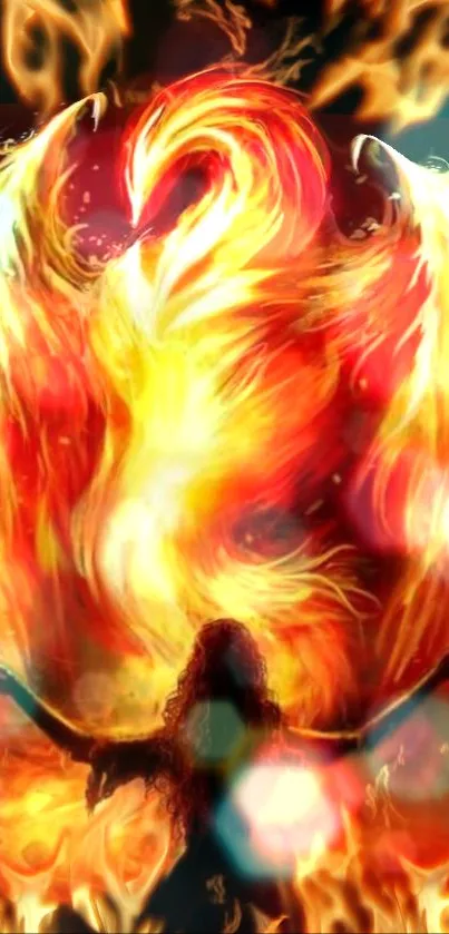 Vibrant phoenix in fiery flames wallpaper.