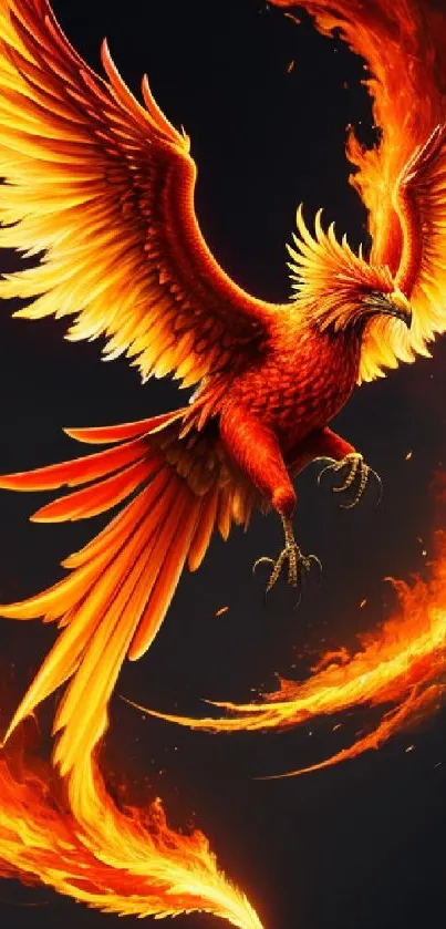 Phoenix soaring with fiery orange flames on a dark background.