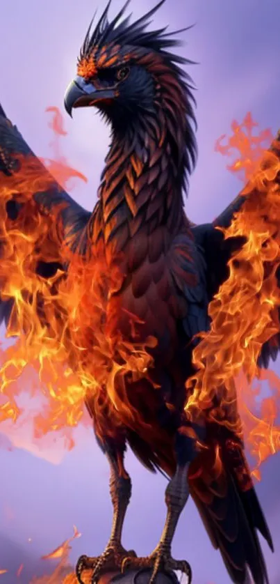 Fiery phoenix with flames in stunning mobile wallpaper.