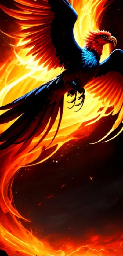 Fiery phoenix spreading wings in vibrant flames on phone wallpaper.