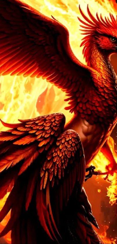 A fiery phoenix spreads its wings engulfed in flames, depicted in vibrant colors.