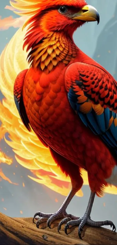 Vibrant fiery phoenix on a branch with dynamic colors