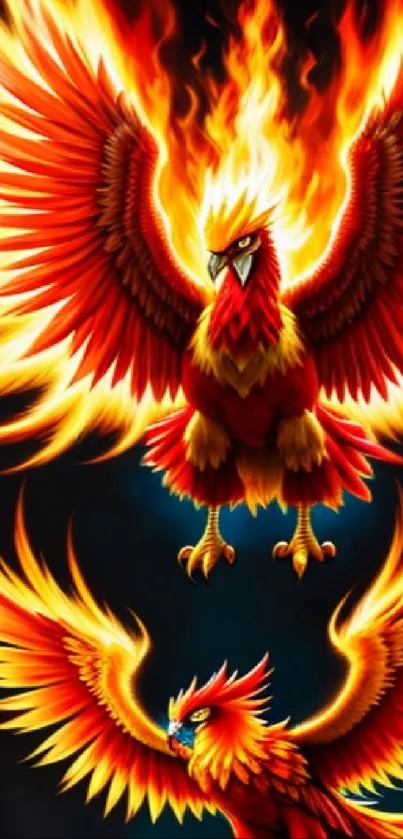 Fiery phoenixes with vibrant flames design mobile wallpaper.