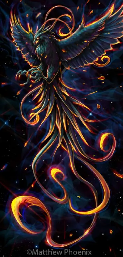 Fiery phoenix in cosmic background mobile wallpaper.