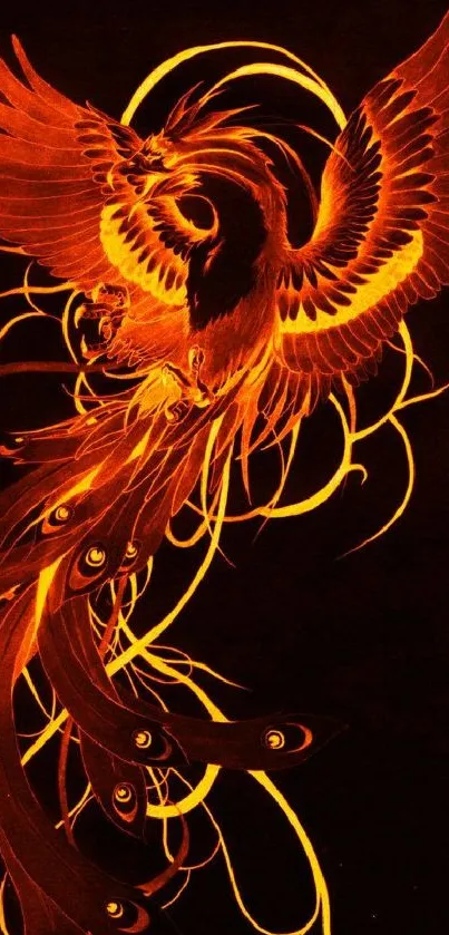 Fiery orange phoenix on a dark background in a mobile wallpaper design.