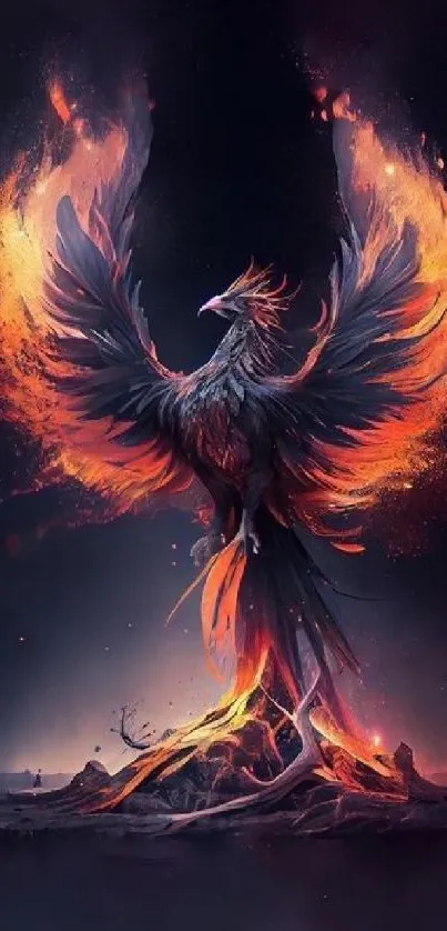 Fiery phoenix rising with bright flames in a dark background.