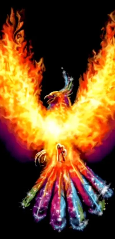 Fiery mythical phoenix with colorful flames on a dark background.