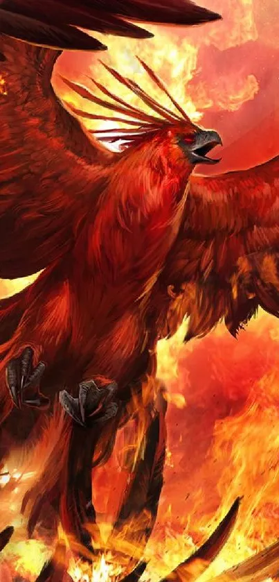 Fiery red phoenix surrounded by flames, soaring majestically in digital art.