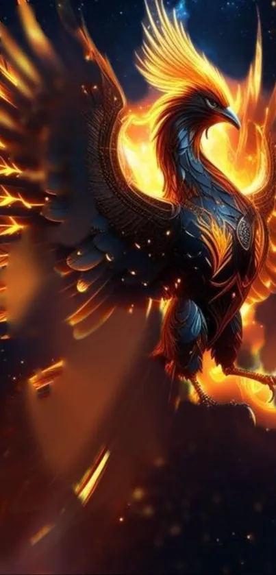 Fiery phoenix soaring against a dark background.