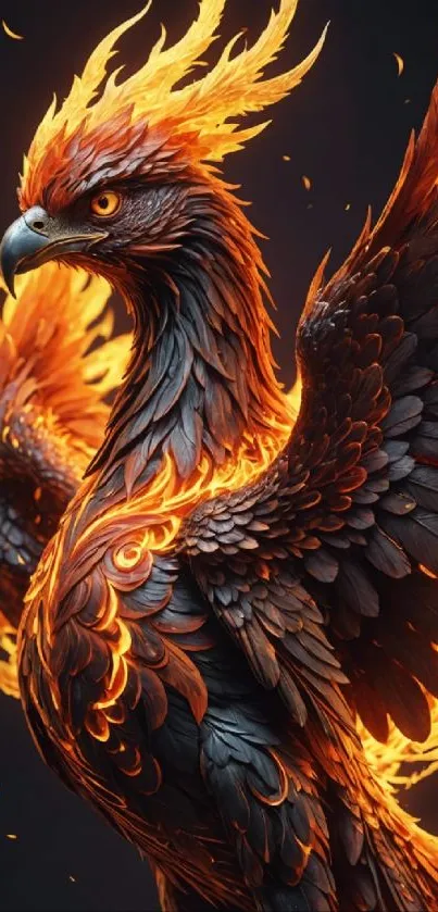 Fiery phoenix with burning feathers on a dark background wallpaper.