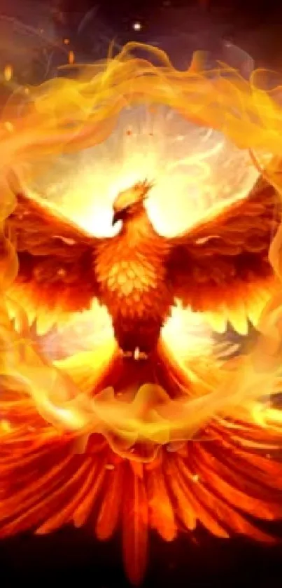 Fiery phoenix rising with flames on a vibrant wallpaper backdrop.