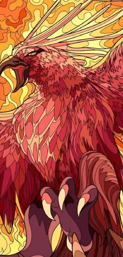 Vibrant phoenix with fiery red-orange wings in an abstract design.