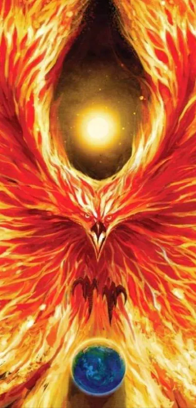 Mobile wallpaper featuring a fiery phoenix with vibrant red and orange flames.