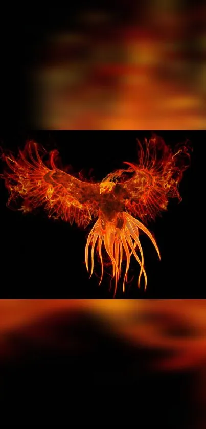 Fiery phoenix with blazing wings set against a dark background.