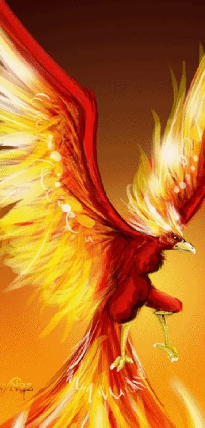 Vibrant phoenix with red and yellow wings in flight, symbolizing renewal.