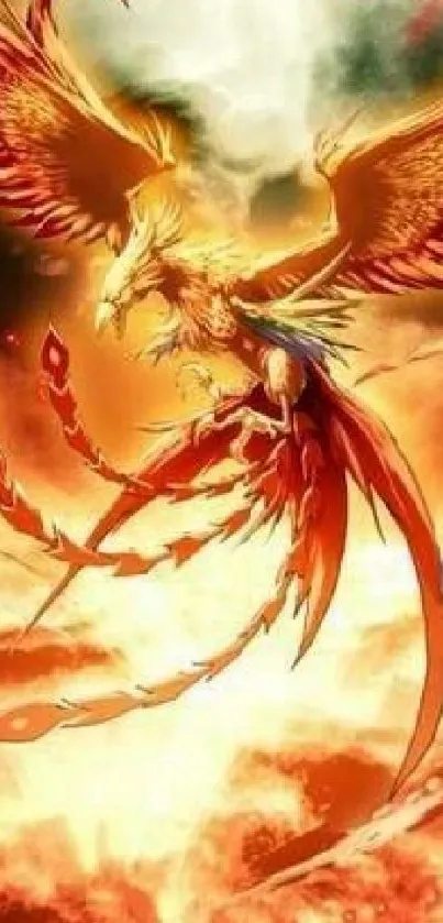 Fiery phoenix with outstretched wings soaring through flames.