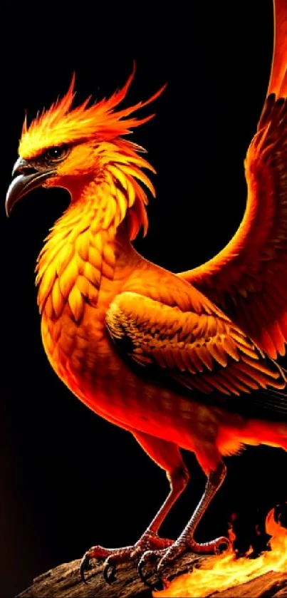 Fiery orange phoenix with wings spread wide on a dark background.