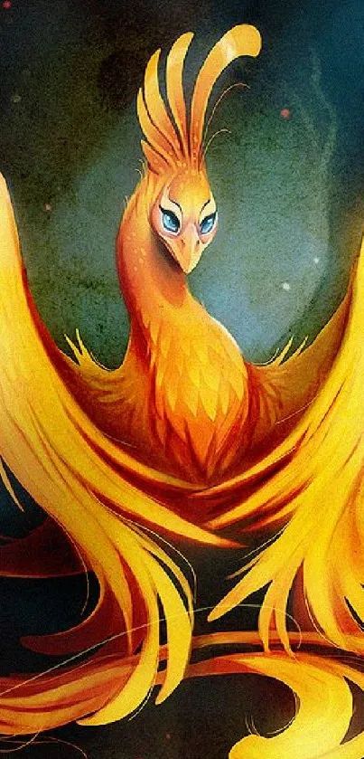 Vibrant phoenix with golden feathers in a mystical mobile wallpaper.