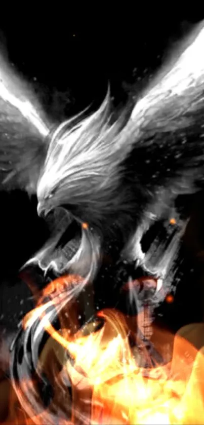 Fiery phoenix rising from flames, digital art wallpaper.