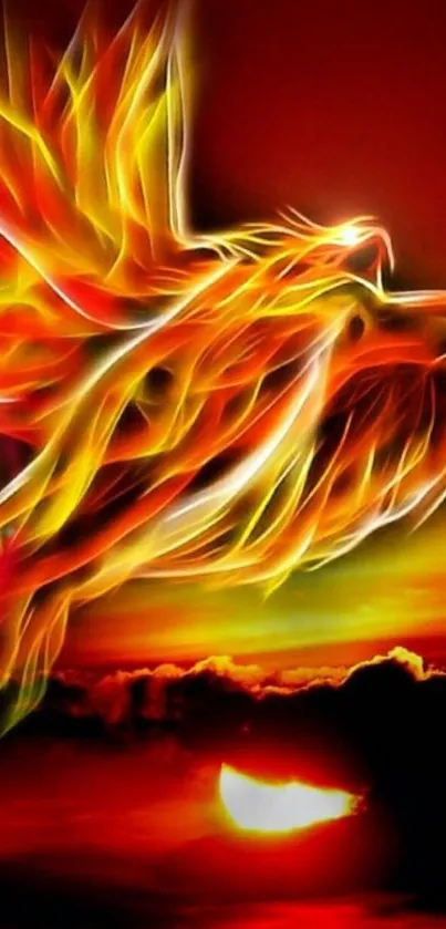 Fiery phoenix flying over a vibrant red sunset, creating a dramatic phone wallpaper.