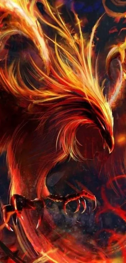 Fiery phoenix in bright red flames on a dynamic mobile wallpaper.