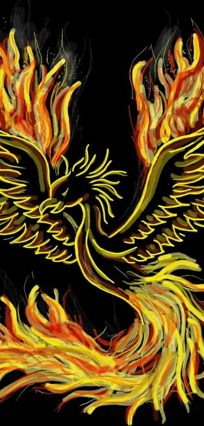 Fiery phoenix with vibrant flames on a black background, depicting mythic rebirth.