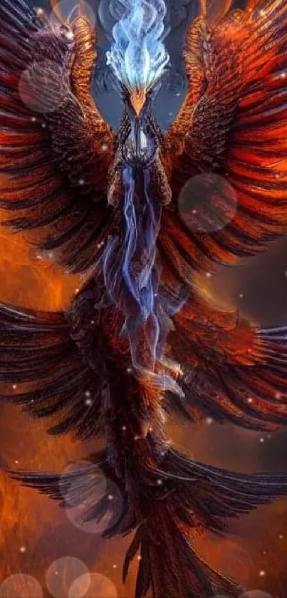 Fiery phoenix with blue smoke and orange flames background.