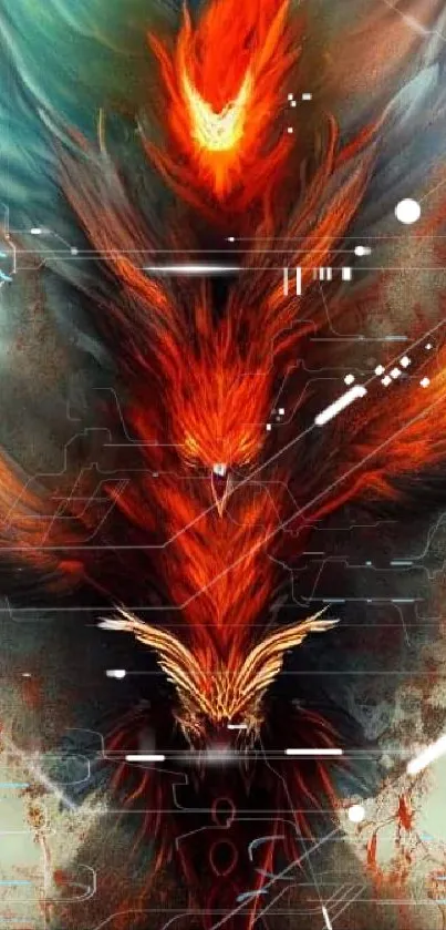 Fiery phoenix art with vibrant colors and mystical design.