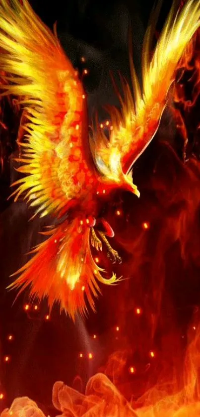 Fiery phoenix emerging from dynamic flames against a dark backdrop.