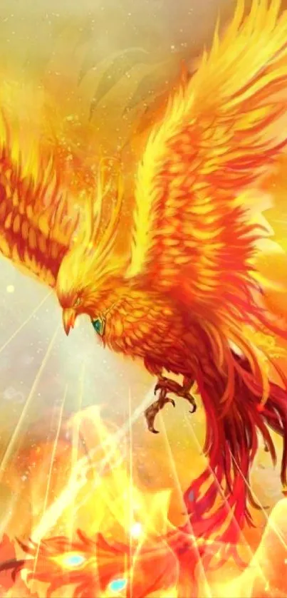 A vibrant phoenix in fiery hues of orange and yellow flying majestically.