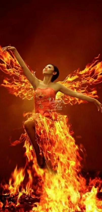 Phoenix dancer in flames, fiery wallpaper design.