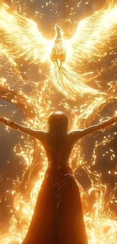Silhouette before a fiery phoenix soaring high.