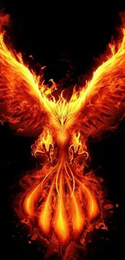 Fiery phoenix with vibrant orange flames on a dark background for mobile wallpaper.