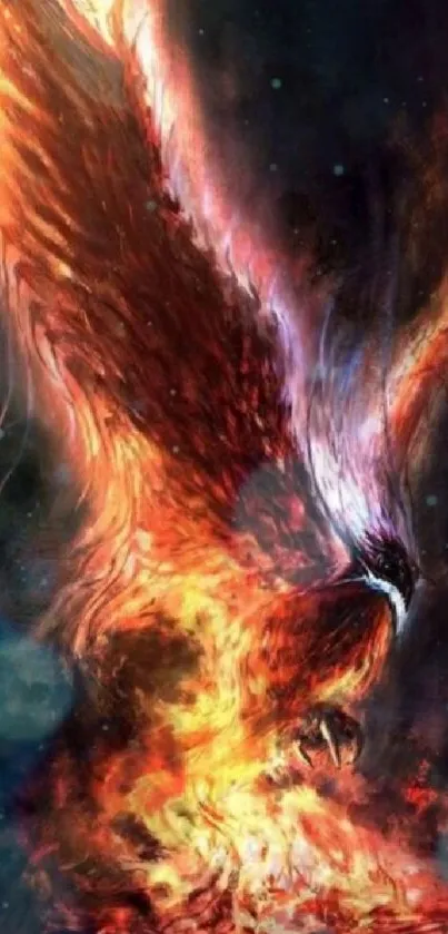 Fiery phoenix with vibrant flames in mystical artwork for mobile wallpaper.