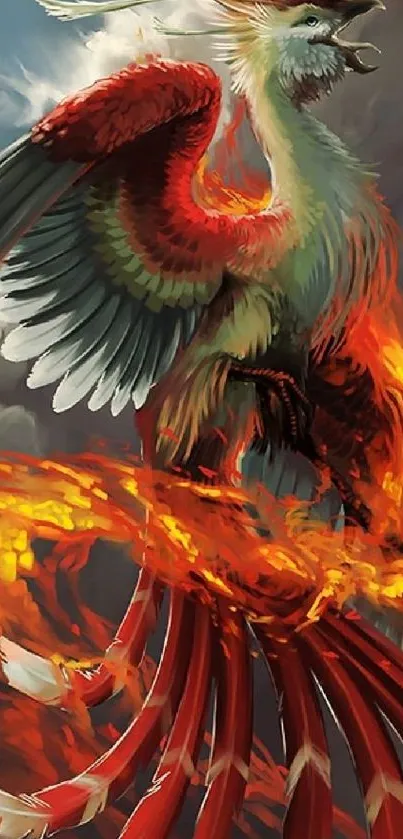 Fiery phoenix with vibrant flames in a fantasy mobile wallpaper.