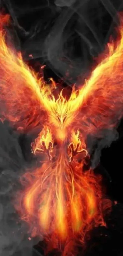 Fiery Phoenix with vibrant orange flames against a smoky dark background.