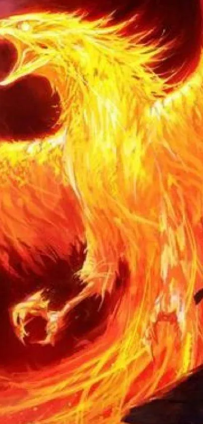 A fiery phoenix with vibrant orange flames flying majestically on a dark background.