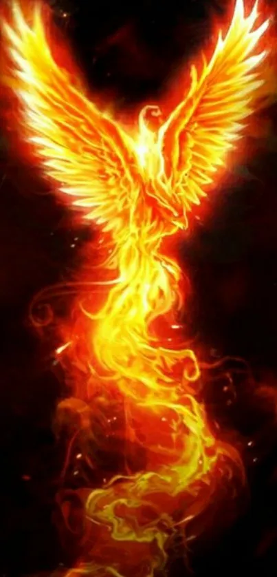 Fiery Phoenix bird blazing in vibrant colors as mobile wallpaper.