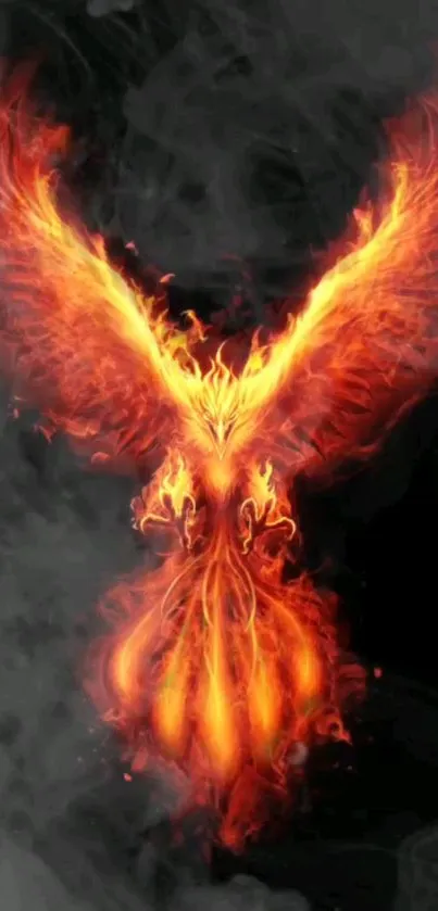 Fiery phoenix with flames on black background.