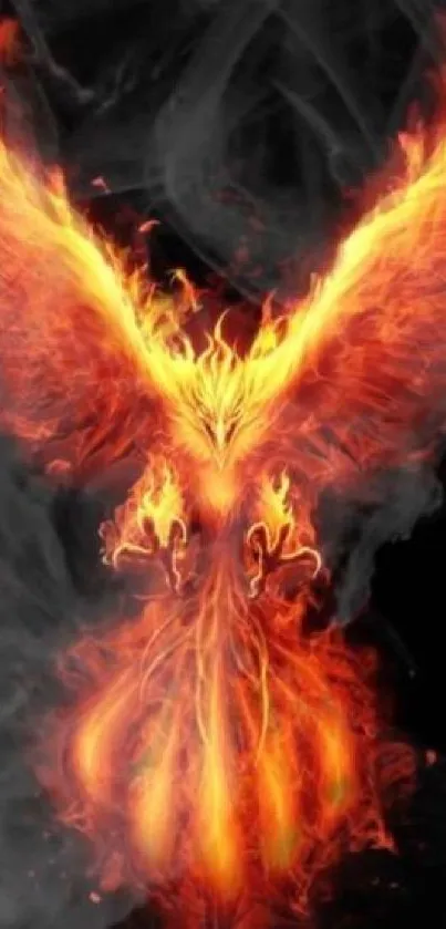 Fiery phoenix with outstretched wings against a dark background.