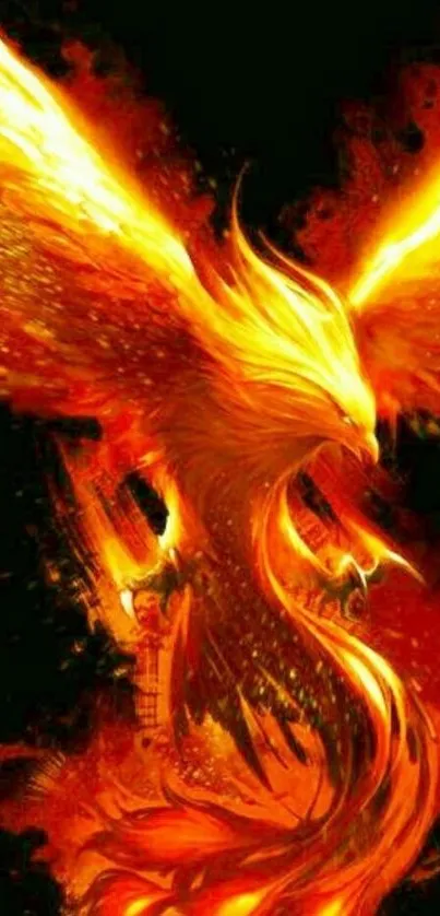 Fiery phoenix with vibrant flames on a mobile wallpaper.