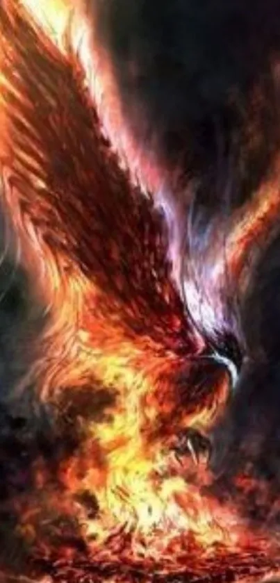 Fiery phoenix rising from flames in vibrant colors.