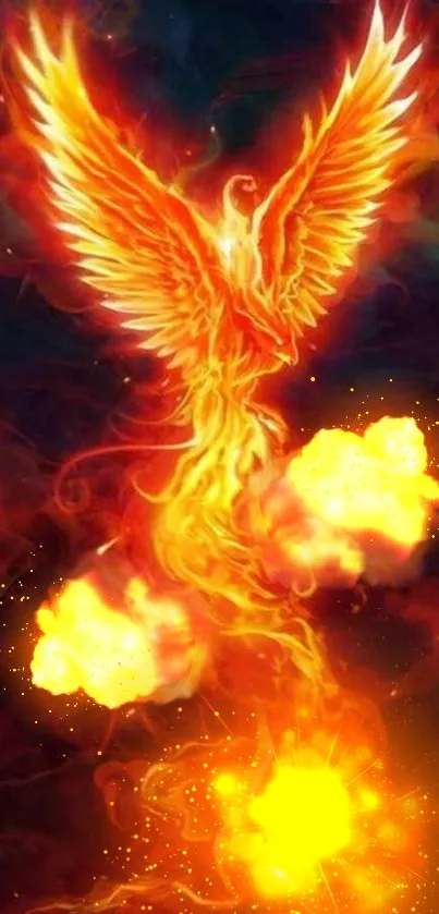 Fiery phoenix with blazing wings on a dynamic red-orange background.