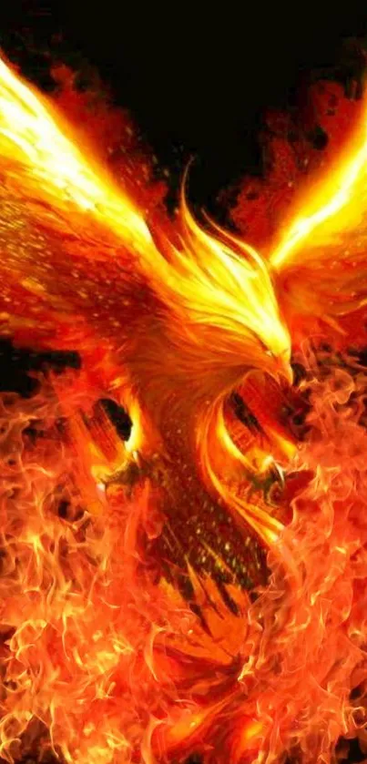 Fiery phoenix rising through flames, showcasing vibrant orange hues.