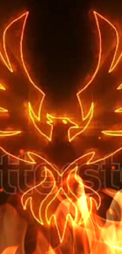 Fiery phoenix with orange flames, creating a vibrant wallpaper design.